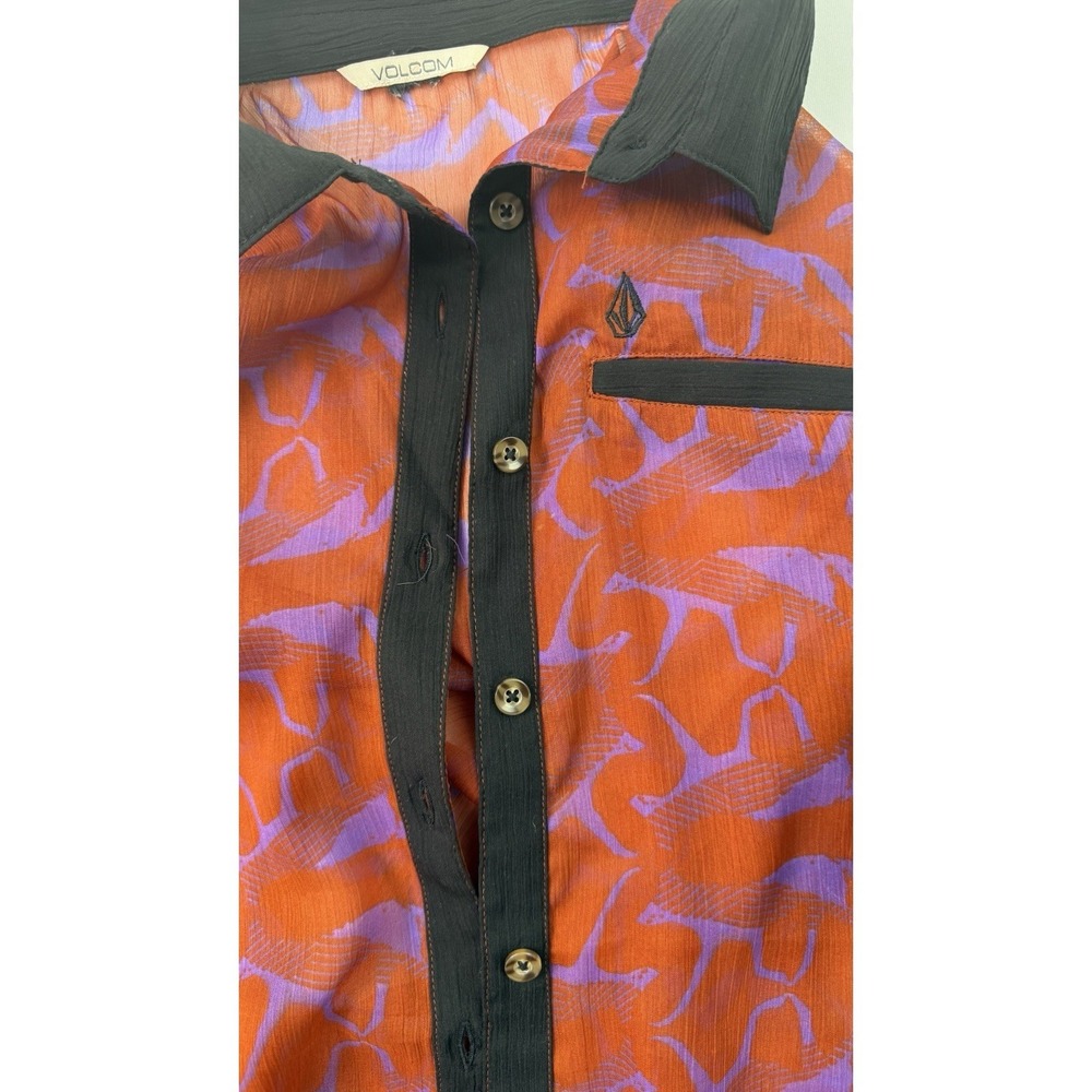Volcom‎ Sheer Button Front Blouse Orange Purple Abstract Print Lightweight Shirt